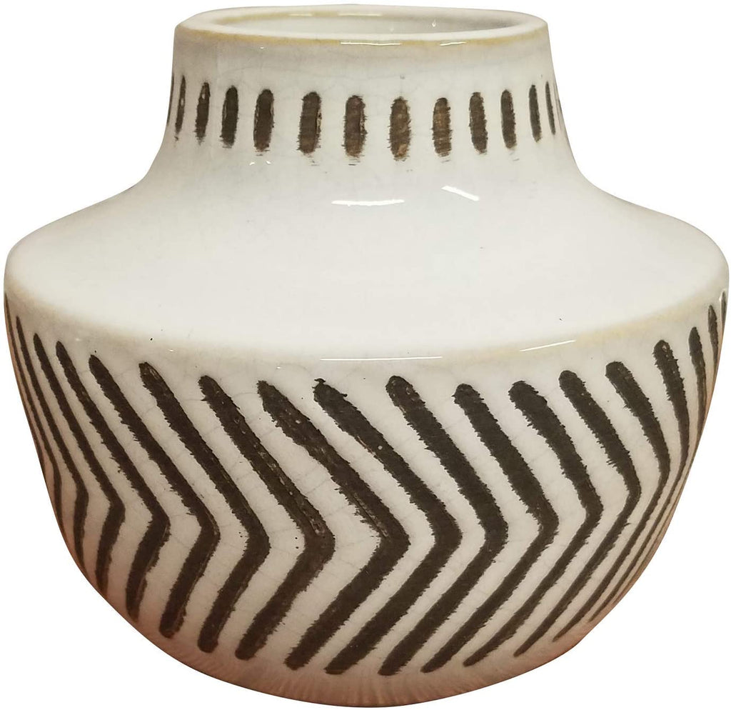 Rustic Boho Vase White Ceramic Black Markings Modern Pot