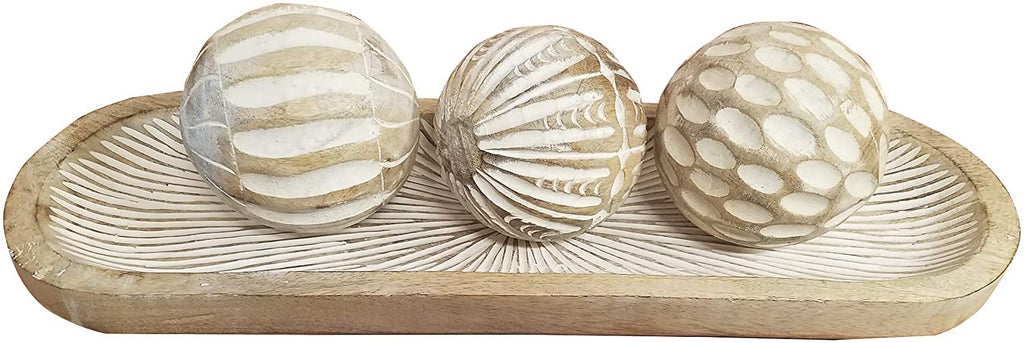 PD Home Boho Rustic Starburst Carved Wood Tray Decorative Modern