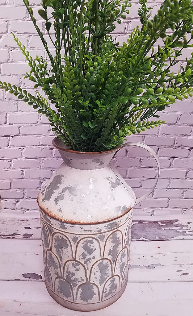 Galvanized White Chipped Milk Can with Handle and Scalloped Accents