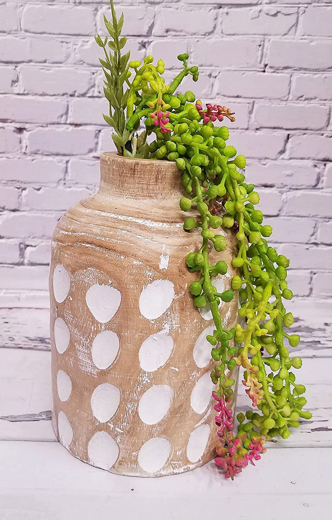 Rustic Boho Carved Wood Whitewashed Dot Bottle Vase Decor