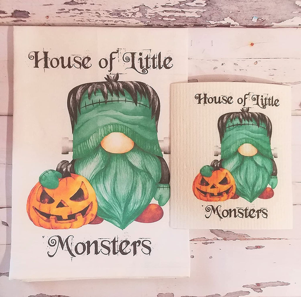 Fall Halloween Cotton Flour Sack Dish Towel and Swedish Dish Cloth Set Seasonal Kitchen Decor