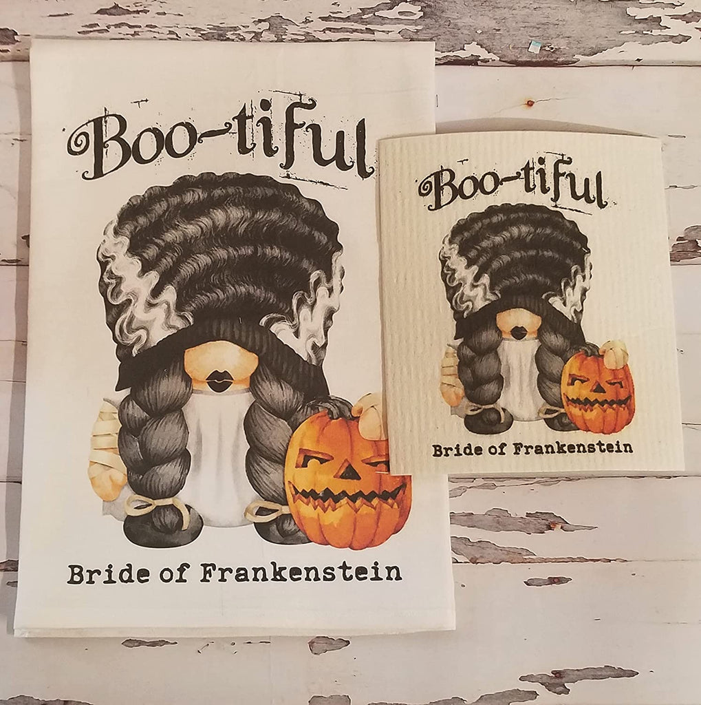 Fall Halloween Cotton Flour Sack Dish Towel and Swedish Dish Cloth Set Seasonal Kitchen Decor