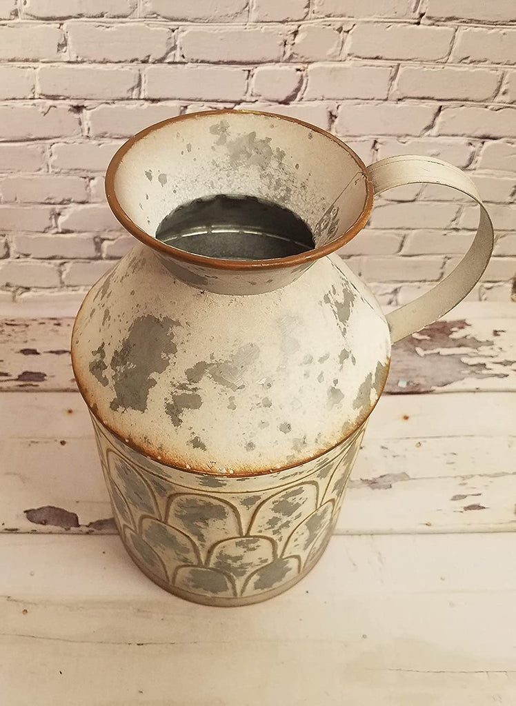 Galvanized White Chipped Milk Can with Handle and Scalloped Accents
