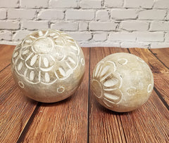 Set of 2 Carved Medallion Decorative Wood Balls with White Accents