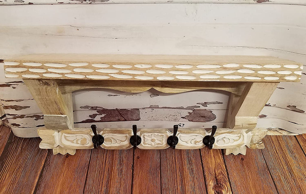 Carved Wood Floating Shelf with 4 Black Iron Hangers Kitchen Hall Decor