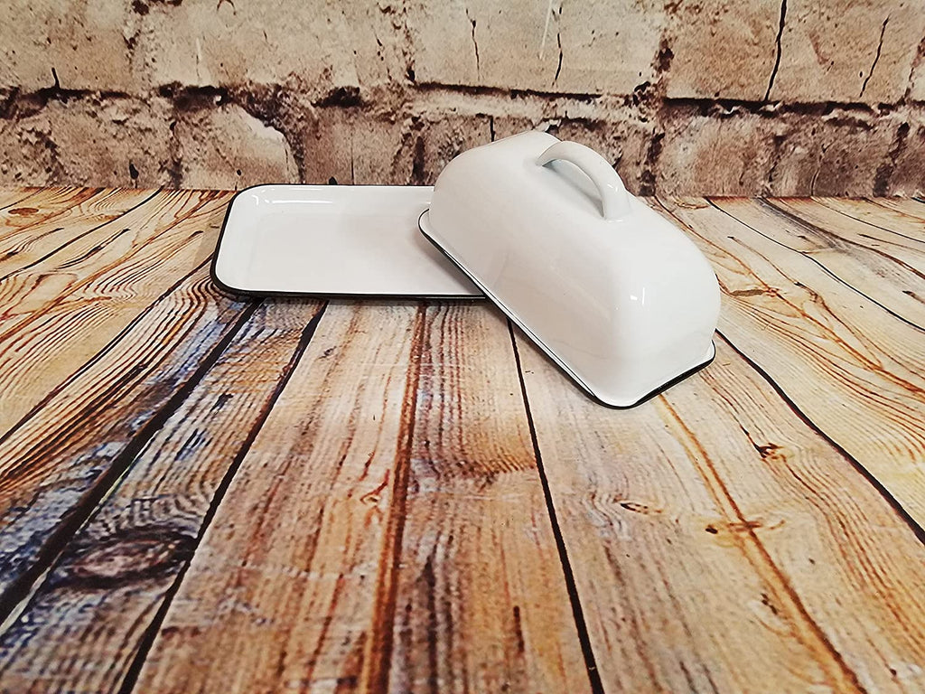 HDW Vintage White Enamel Covered Butter Dish with Black Trim
