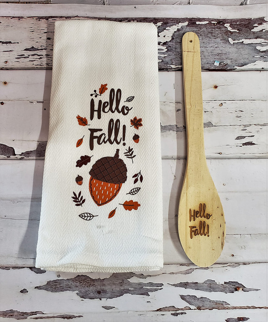 Seasonal Fall Towel Set with Dish Towel and Wooden Mixing Spoon Kitchen Decor