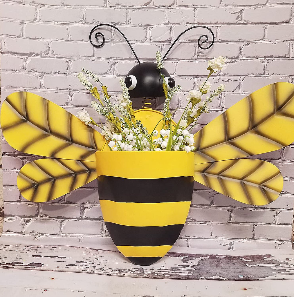 Metal Bee Wall Pocket Planter Yellow/Black Kitchen Porch Bee Decor