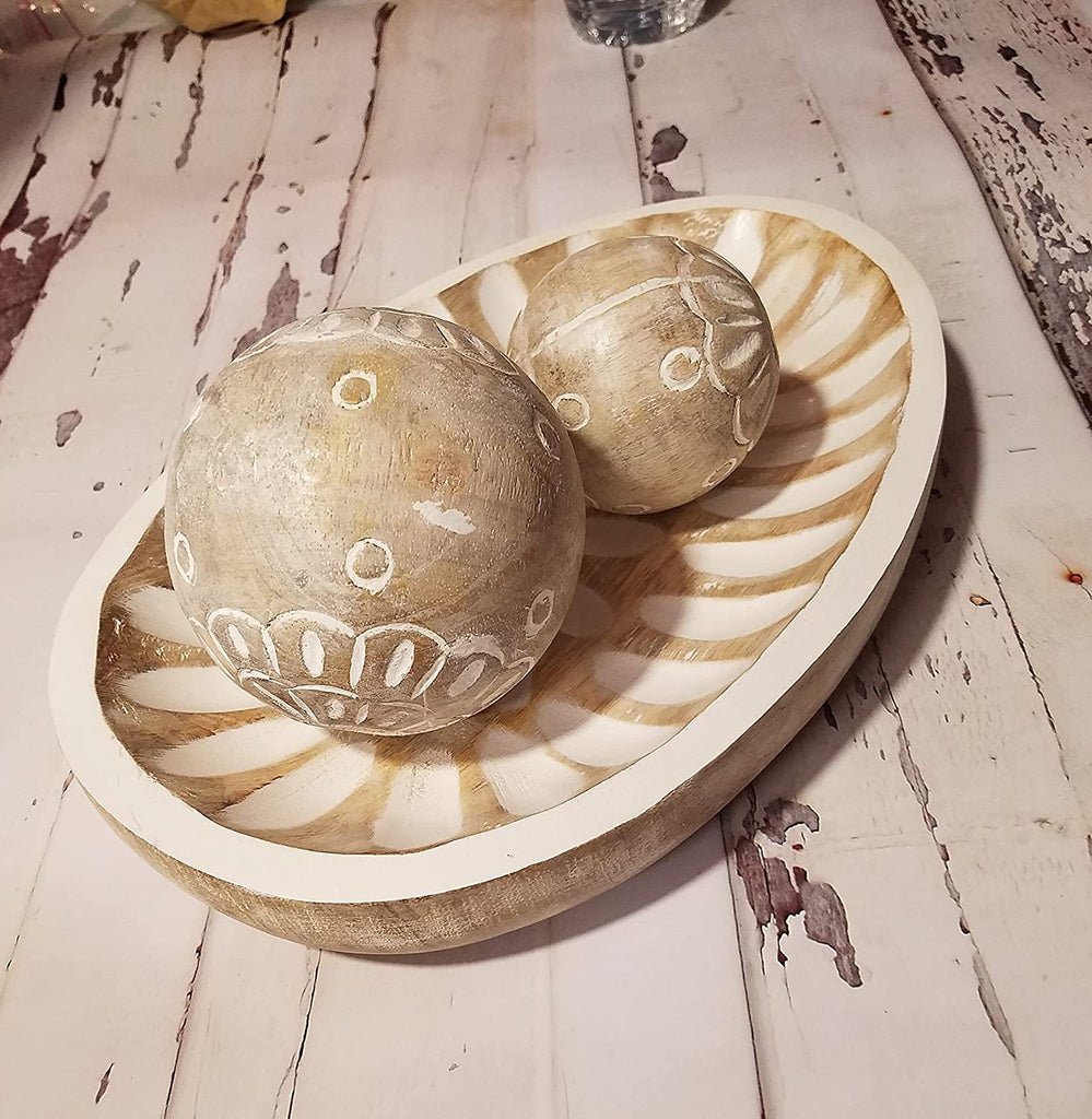 Set of 2 Carved Medallion Decorative Wood Balls with White Accents