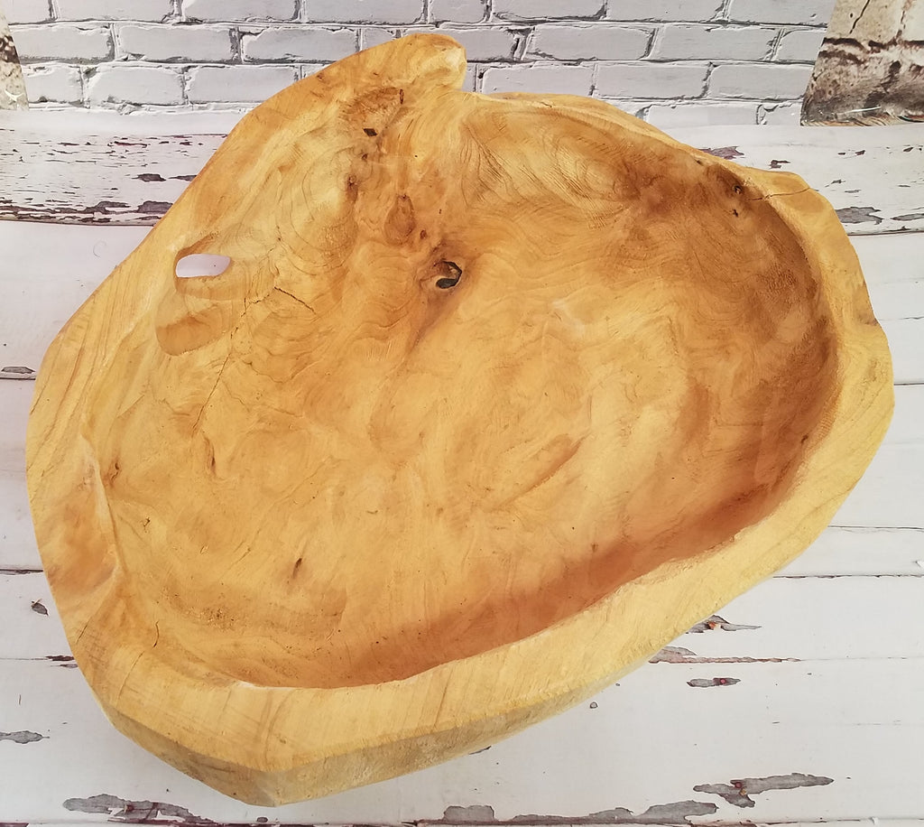 Rustic Carved Wood 18 Inch Decorative Bowl for Fruit or Display