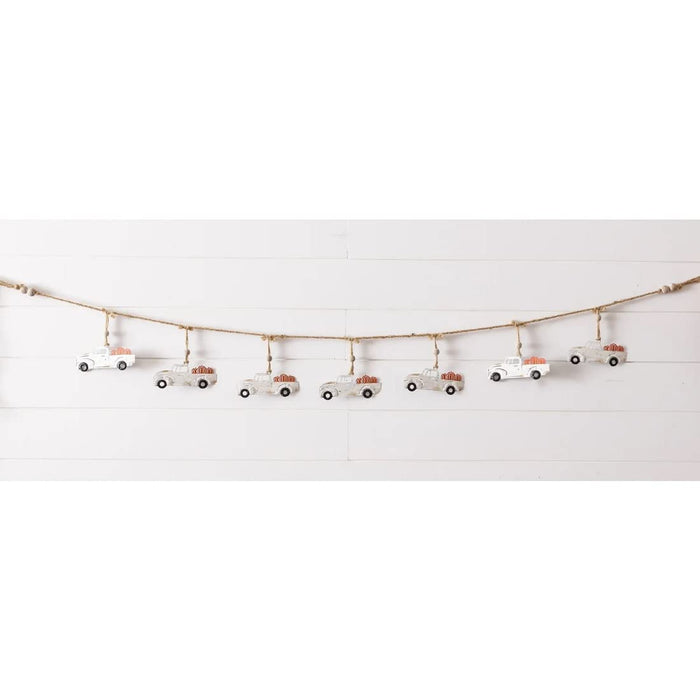 Fall Garland Hanging White Metal Truck with Pumpkins on Jute Rope 68 Inches