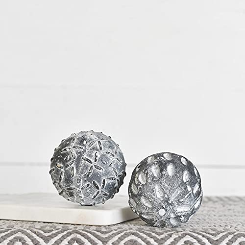 Set of 2 Charcoal Iron Decorative Balls 3 Inch with Textured Whitewashed Accents