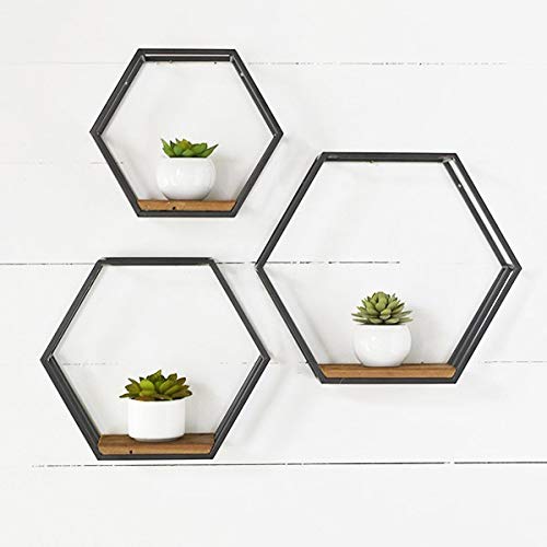 PG Modern Rustic Honeycomb Shelves Set of 3 Metal Wood Wall Decor