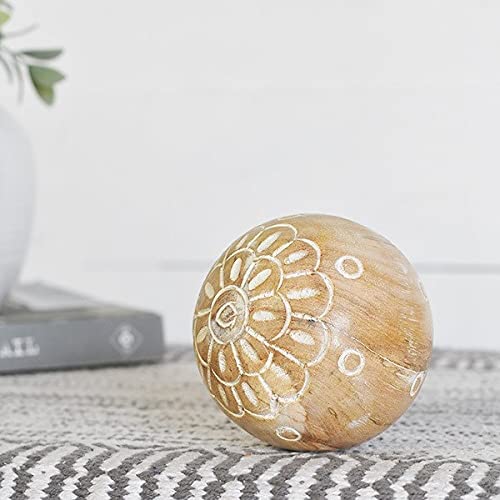 Set of 2 Carved Medallion Decorative Wood Balls with White Accents