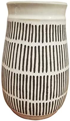 Rustic Boho Vase White Ceramic Black Markings Modern Pot
