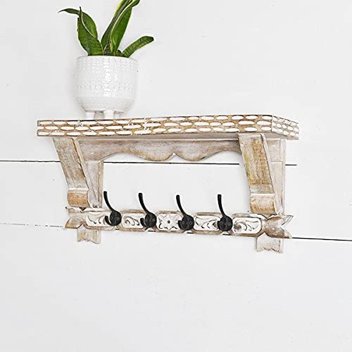 Carved Wood Floating Shelf with 4 Black Iron Hangers Kitchen Hall Decor