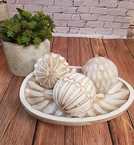 PD Home Modern Carved Wood Decorative Balls Tray Bowl Decor Set of 3