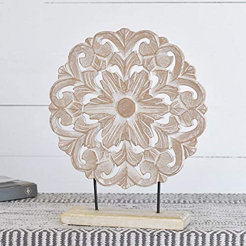 PD Home Rustic Wood Carved Cutout Flower Medallion Tabletop Decor with Base and Whitewashed Accents