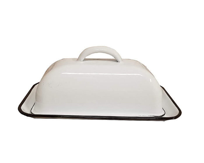 HDW Vintage White Enamel Covered Butter Dish with Black Trim