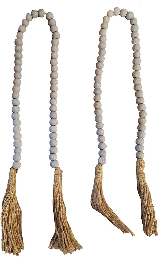 PD Home Set of 2 Chic Farmhouse Boho Wooden Beads with Tassels