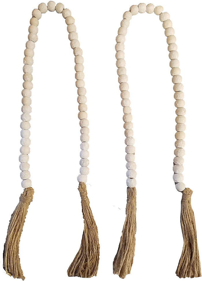 PD Home Set of 2 Chic Farmhouse Boho Wooden Beads with Tassels