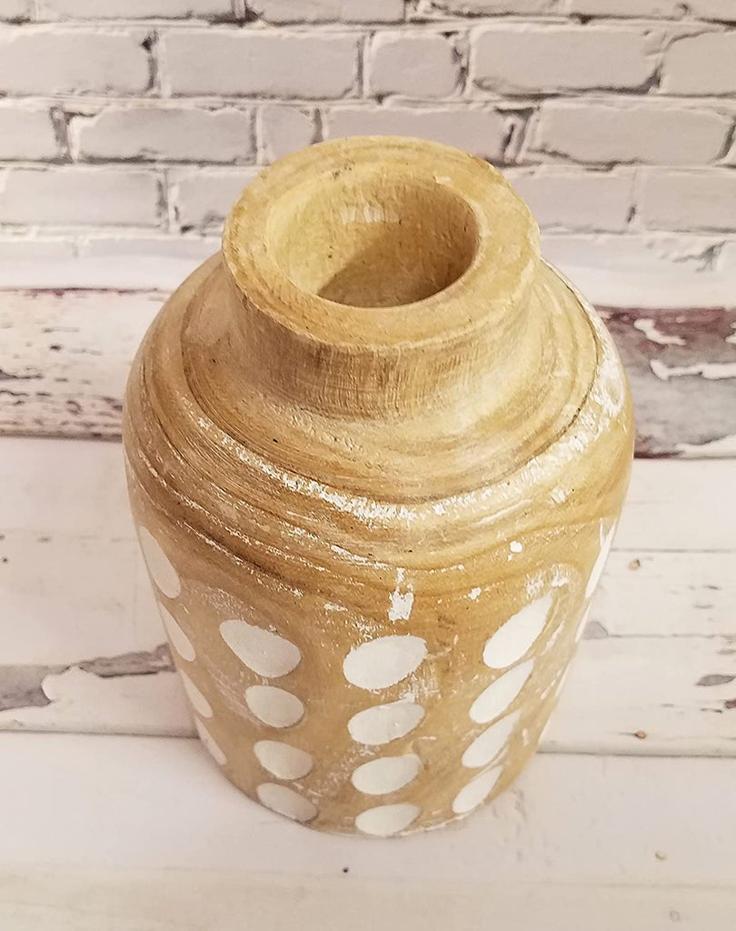 Rustic Boho Carved Wood Whitewashed Dot Bottle Vase Decor