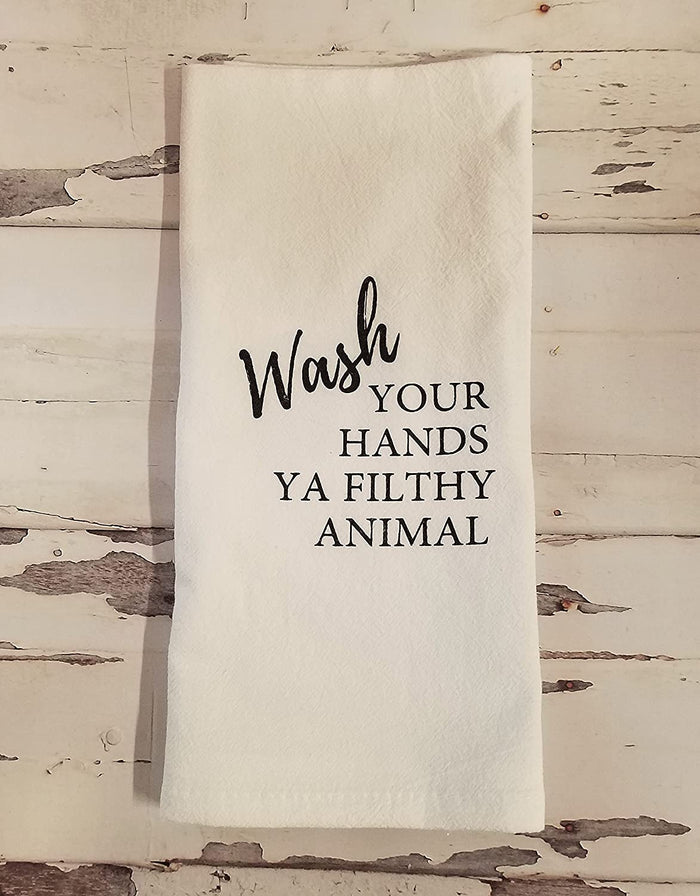Set of 2 Wash Your Hands Ya Filthy Animal 100% Crinkled Cotton Flour Sack Towel Bath Kitchen