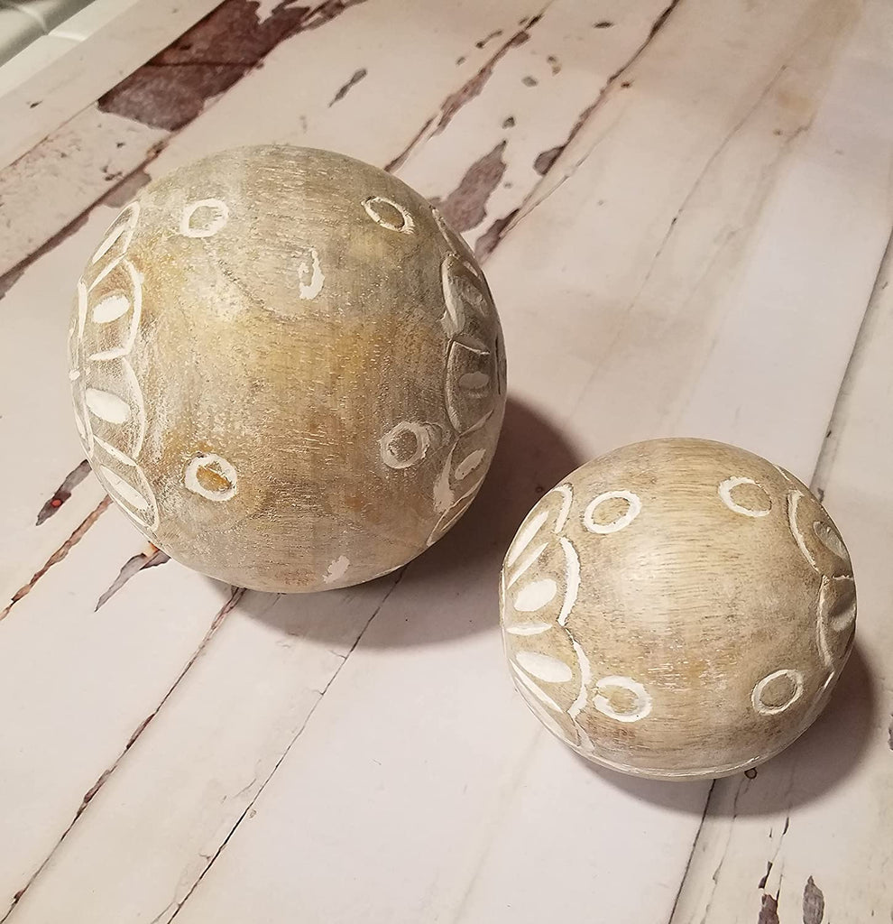Set of 2 Carved Medallion Decorative Wood Balls with White Accents