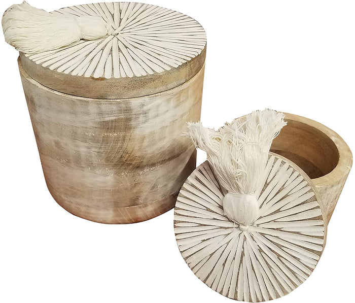 Boho Rustic Set of 2 Starburst Carved Round Wood Keepsake Boxes with Lid Bath Nursery Bedrooms & Tassel
