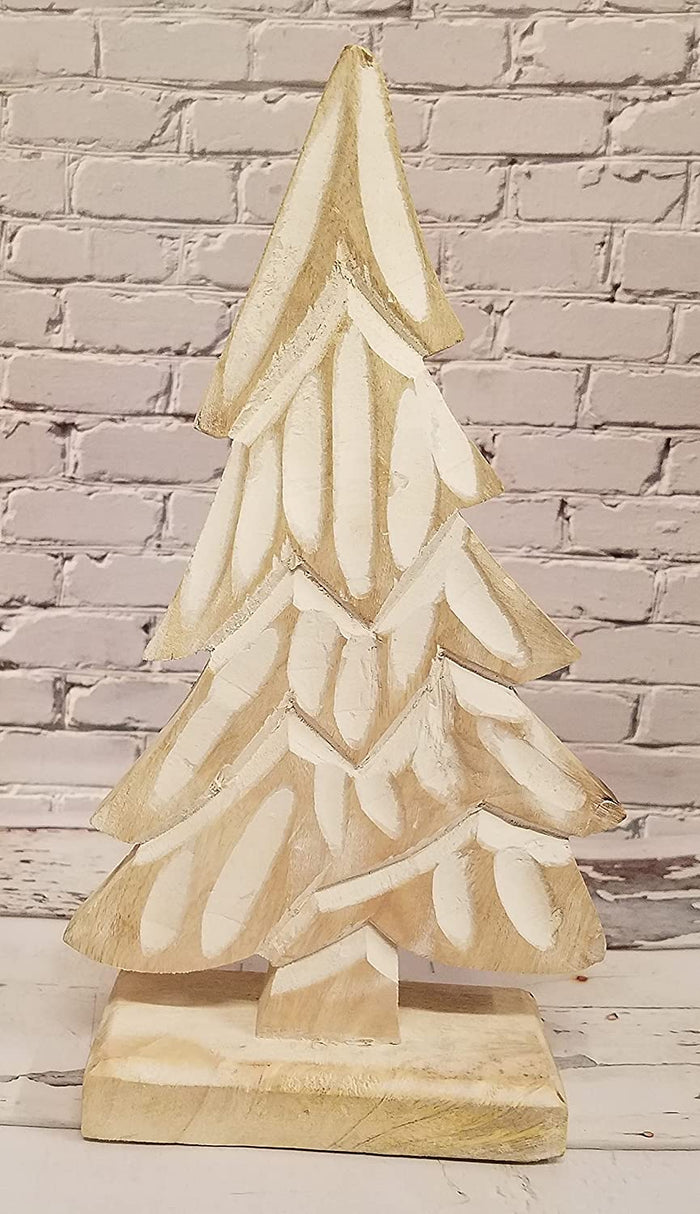 Rustic Carved Wood Christmas Tree with Whitewashed Accents on Stand
