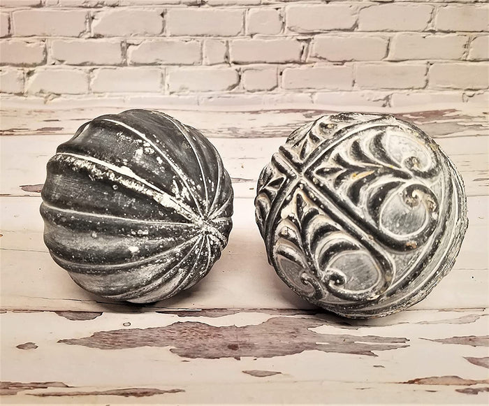 Set of 2 Charcoal Decorative Balls with Textured Whitewashed Accents