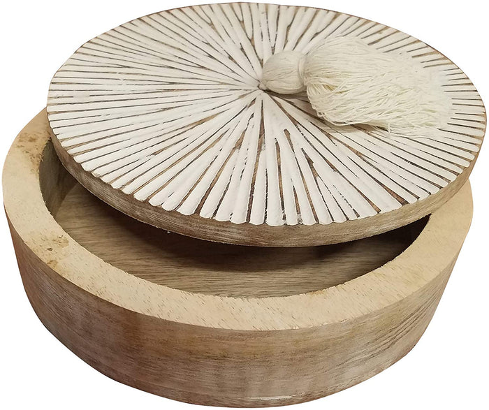 Boho Rustic Starburst Carved Round Wood Keepsake Box with Lid & Tassel Bath Nursery Bedroom