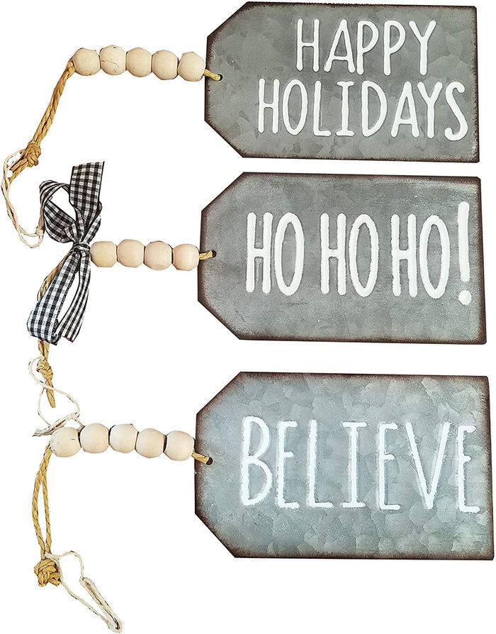 Seasonal Galvanized Metal Christmas Tag Ornaments Ho Ho Ho Believe Happy Holidays