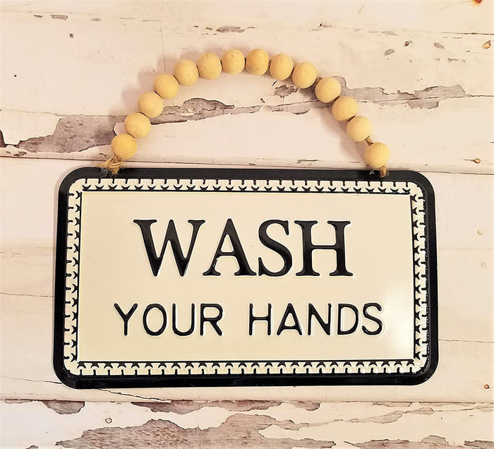 PD Home Boho Wash Your Hands Metal Sign with Beaded Hanger Bath Kitchen Decor