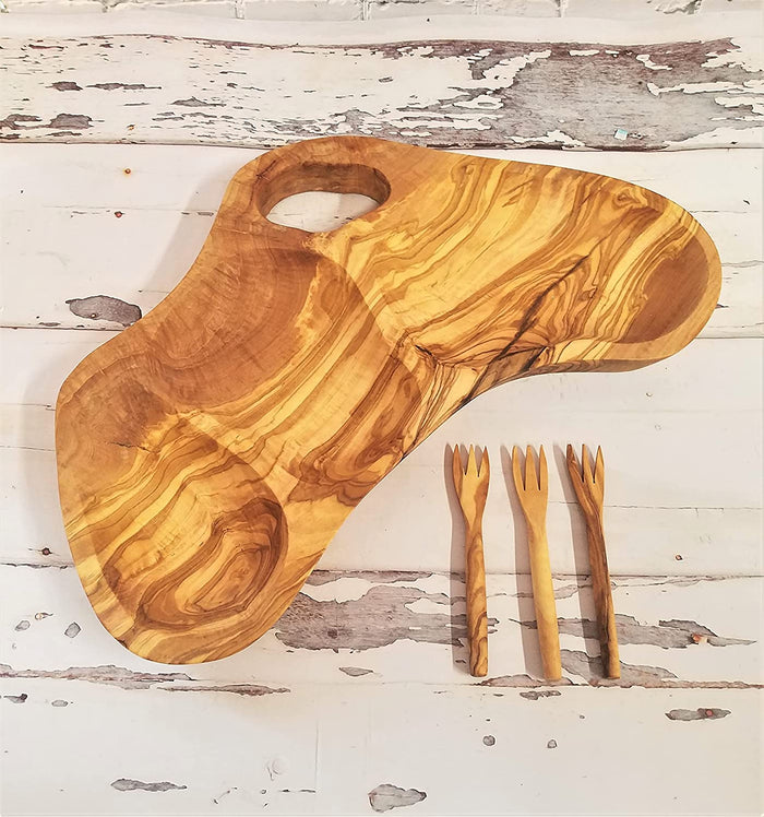 Rustic Olive Wood Appetizer Serving Tray with Mini Forks