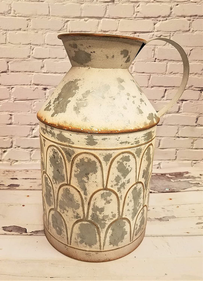 Galvanized White Chipped Milk Can with Handle and Scalloped Accents