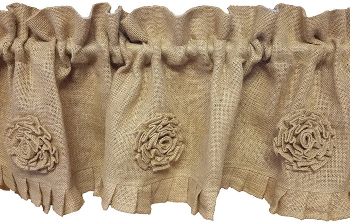 AT Primitive Country Burlap Rose and Ruffle Window Valance