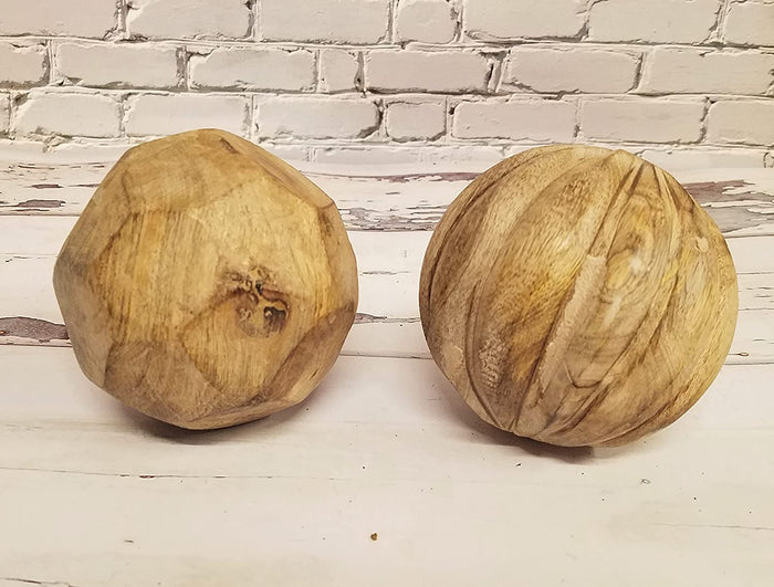Set of 2 Decorative Carved Wood Balls Honeycomb and Swirl Design Decor