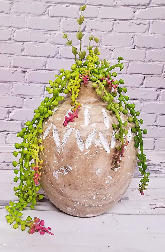 Boho Rustic Wood Vase with Tribal Whitewashed Carved Accents