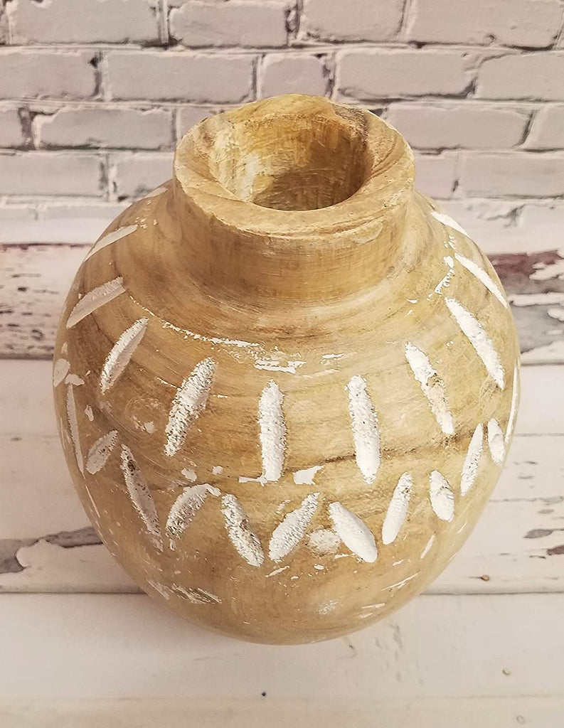 Boho Rustic Wood Vase with Tribal Whitewashed Carved Accents