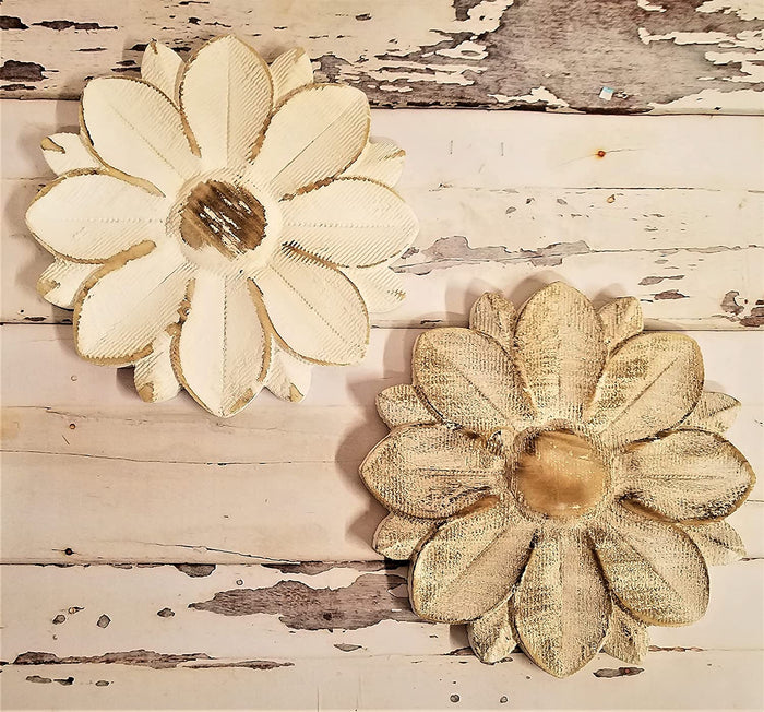 Set of 2 Wood Flower Plaques Rustic Whitewashed Wall Decor