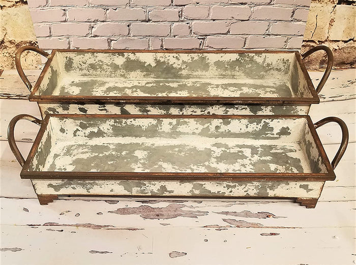 Set of 2 Nesting Galvanized White Chipped Metal Trays with Rusty Accents