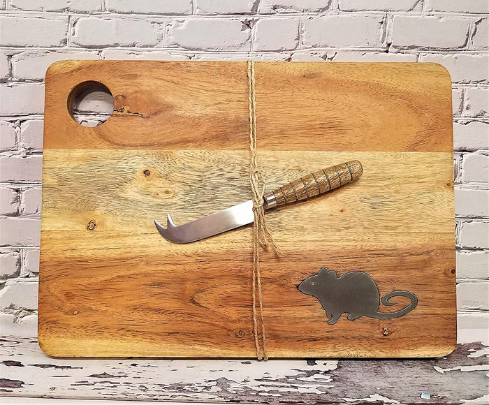 Rustic Wood Cheese Board Server with Mouse Accent and Cheese Knife