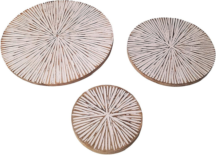 Boho Rustic Set of 3 Starburst Carved Round Wood Wall Plaques