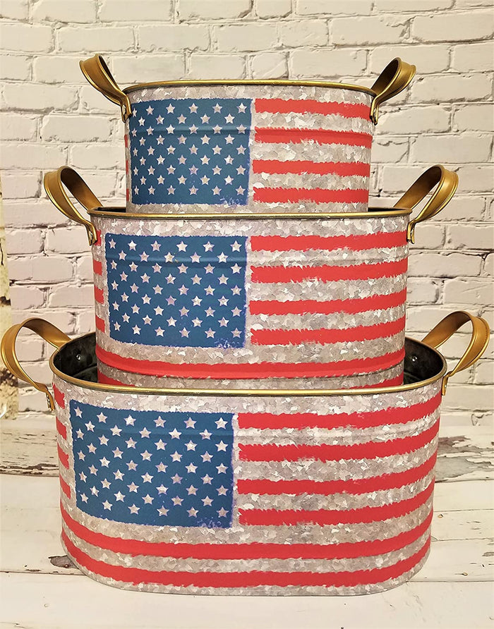Set of 3 American Flag Galvanized Metal Bucket Planters Containers Home Porch Decor
