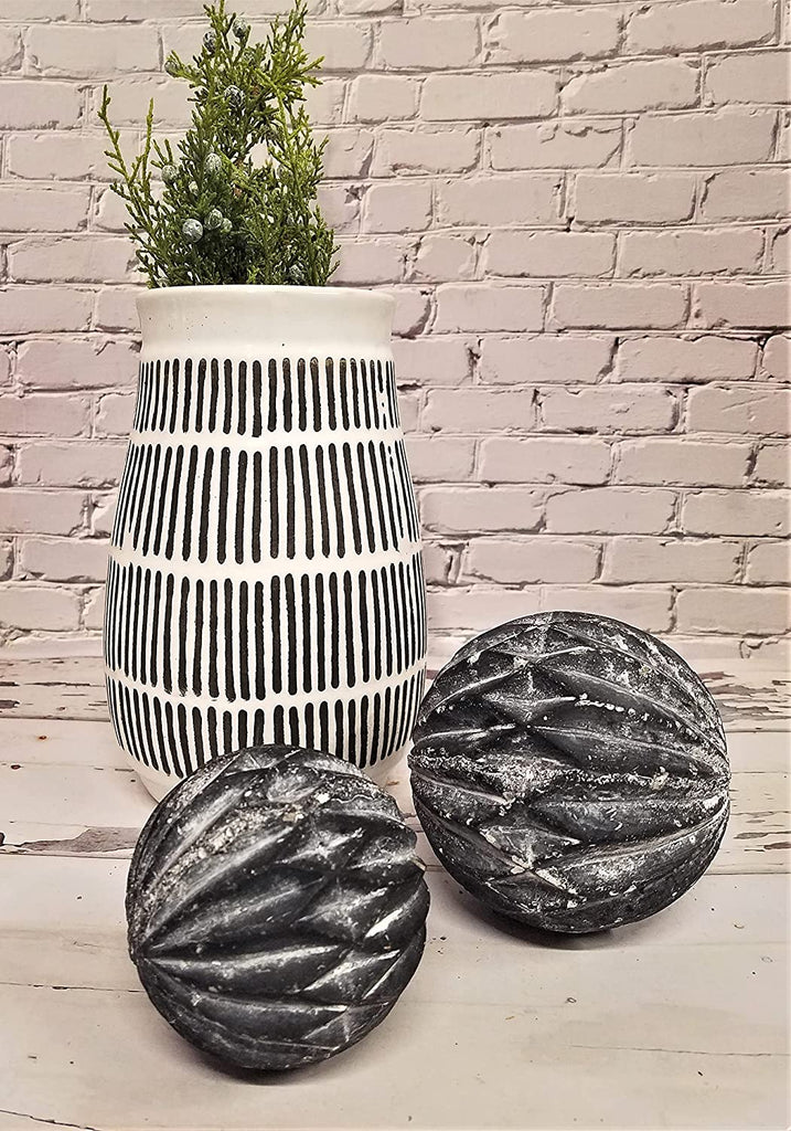 Set of 2 Charcoal Decorative Balls with Textured Whitewashed Accents