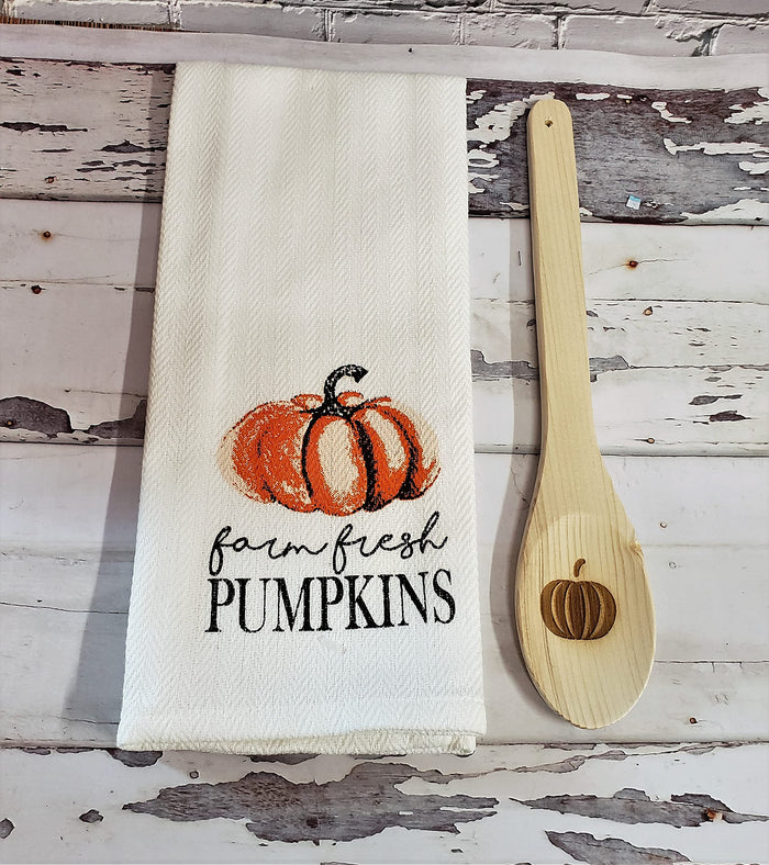 Seasonal Fall Towel Set with Dish Towel and Wooden Mixing Spoon Kitchen Decor