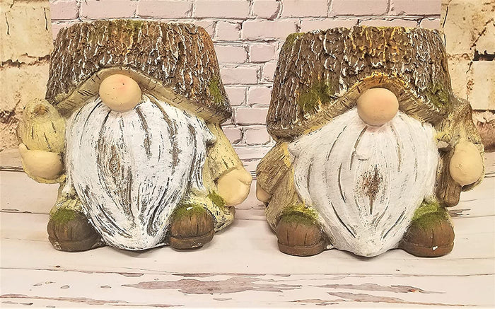 Set of 2 Resin Gnome Planters Bark/ Log with Faux Moss Accents