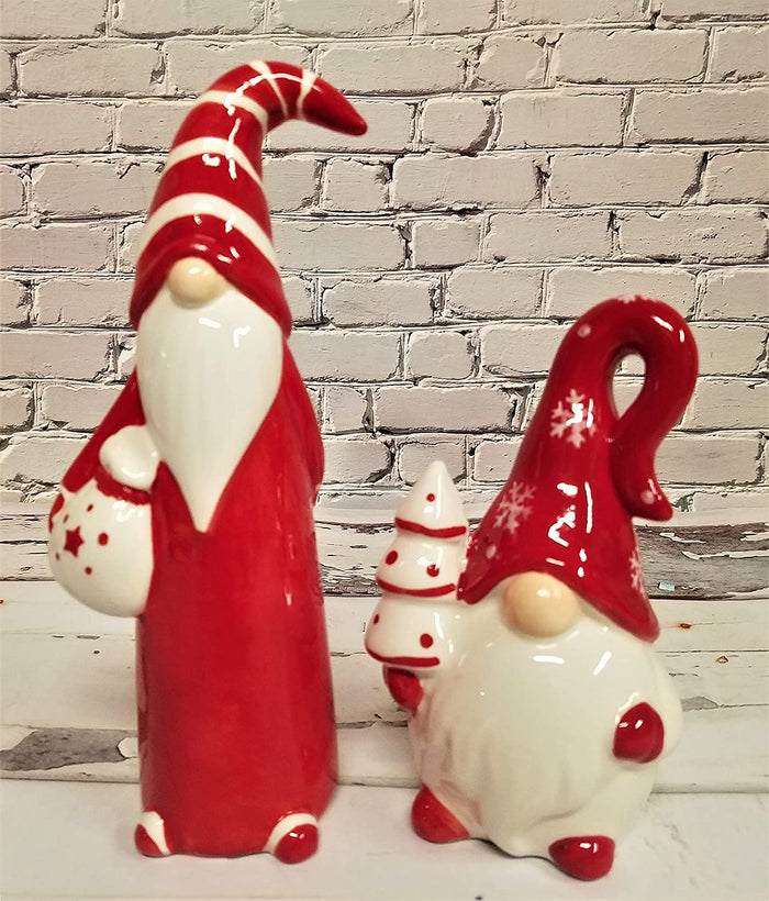 Set of 2 Red & White Christmas Gnome Figurines Seasonal Table Shelf Decor